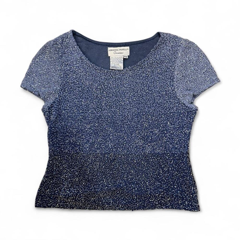 90s whimsical elegant blue beaded short sleeve blouse women's size petite 10